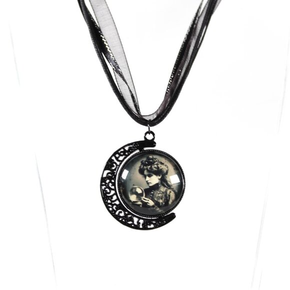 Victorian Moon Necklace – Gothic Cameo of a Fortune Teller, Black Ribbon - Picture 1 of 4